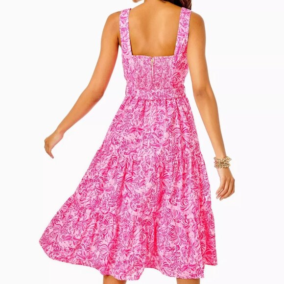 NEW NWT Lilly Pulitzer McKinnon Midi Dress 12 Pink Blossom Foxy Llama Fit Flare - Picture 3 of 4